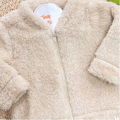 Conj. Jaqueta de Pelinho com Fios Dourados e Calça Legging - Creme e Marrom